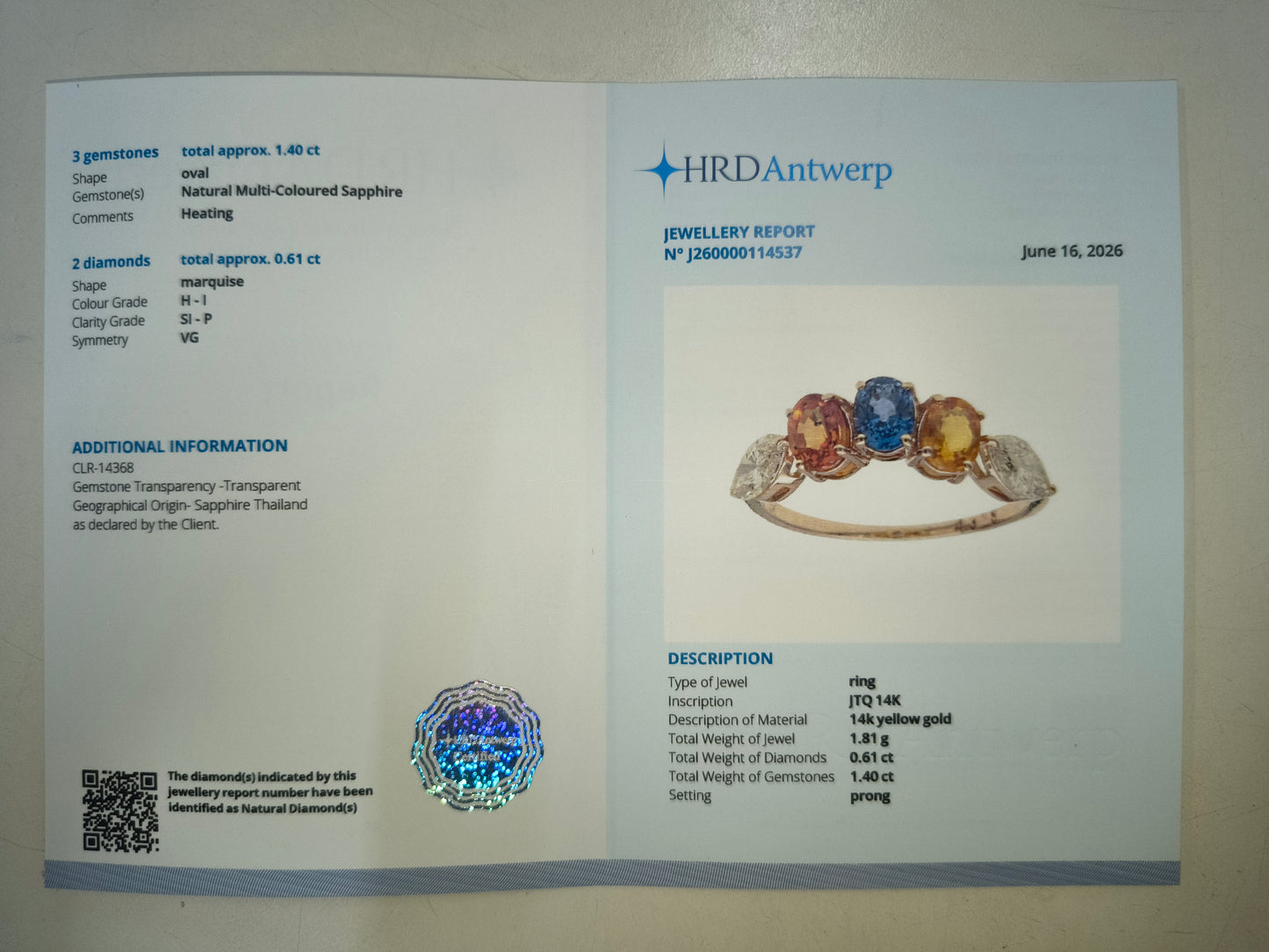 2.01 Ct Oval Natural Multi-Coloured Sapphire 14K Gold Ring