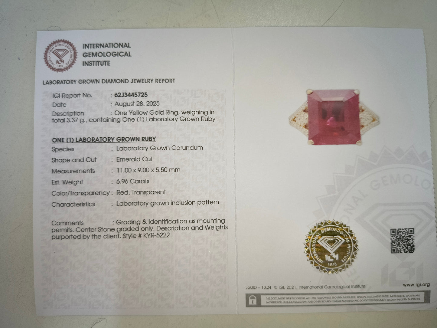 7.11 Ct Emerald Cut Lab Grown Ruby 14K Gold Ring