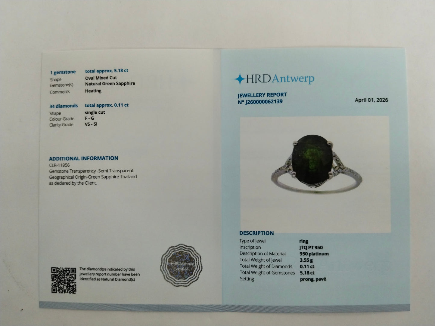 5.29 Ct Oval Mixed Cut Natural Green Sapphire 950 Platinum Ring