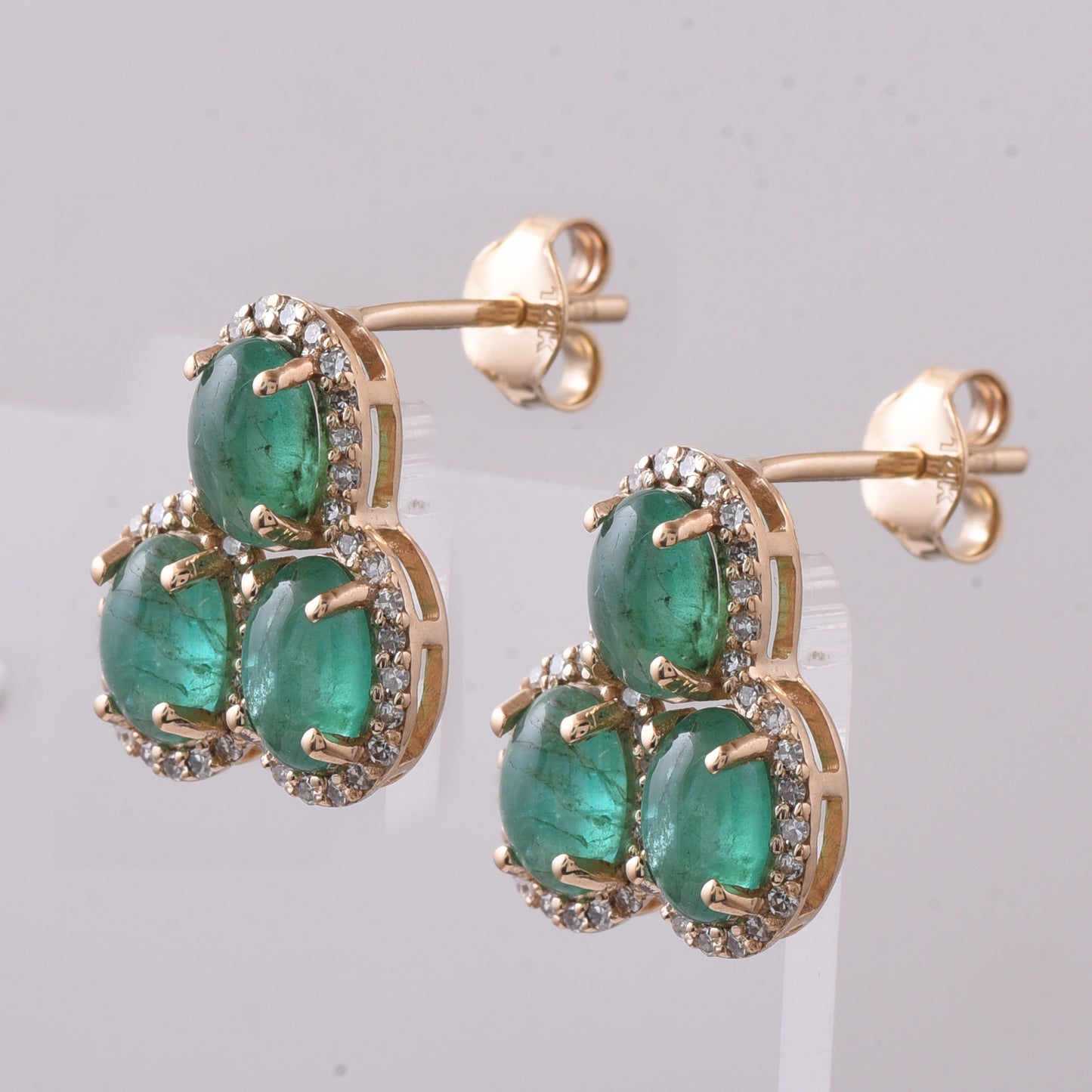 3.43 Ct Oval Cabochon Cut Natural Emerald 14K Gold Earrings