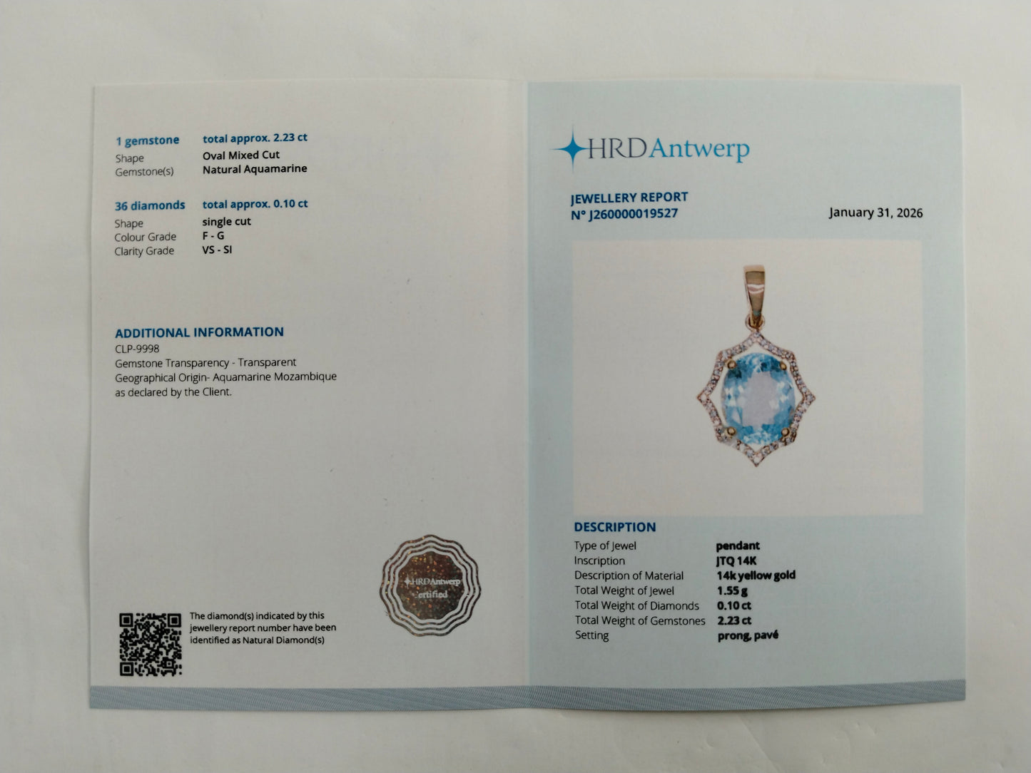 2.33 Ct Oval Mixed Cut Natural Aquamarine 14K Gold Pendant