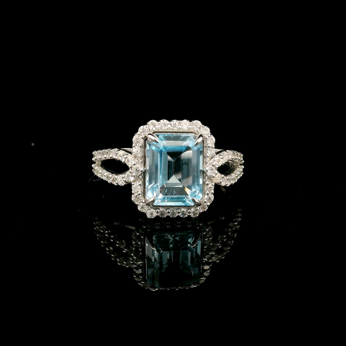 3.47 Ct Octagon Blue Topaz, White Zircon 925 Sterling Silver Ring