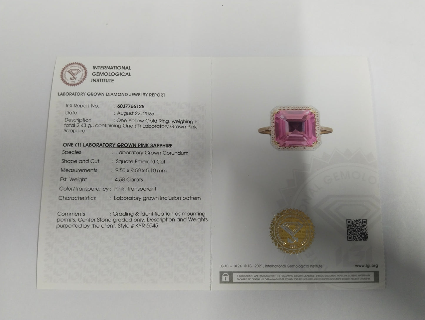 4.71 Ct Square Emerald Cut Lab Grown Pink Sapphire 14K Gold Ring