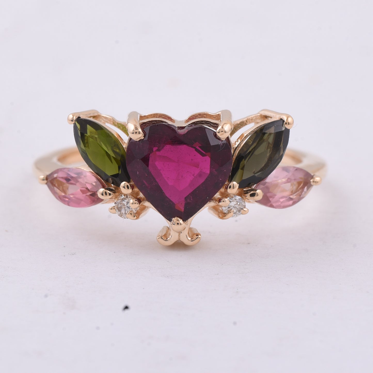 2.06 Ct Heart, Marquise Natural Multi-Coloured Tourmaline 14K Gold Ring
