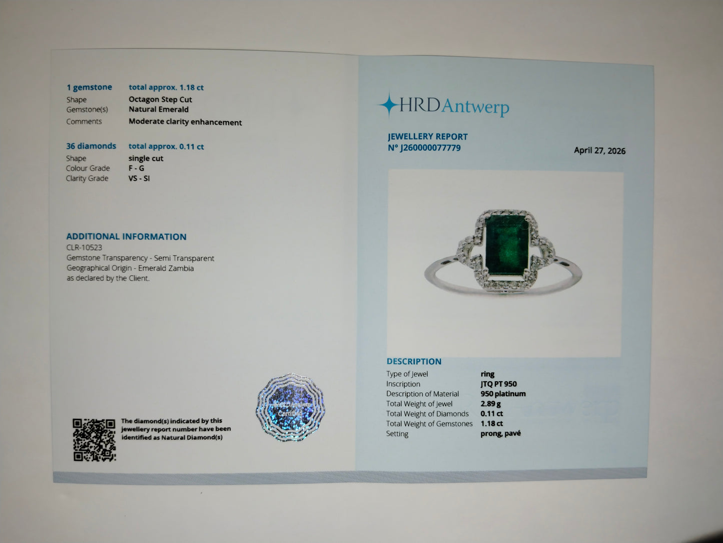 1.29 Ct Octagon Step Cut Natural Emerald 950 Platinum Ring