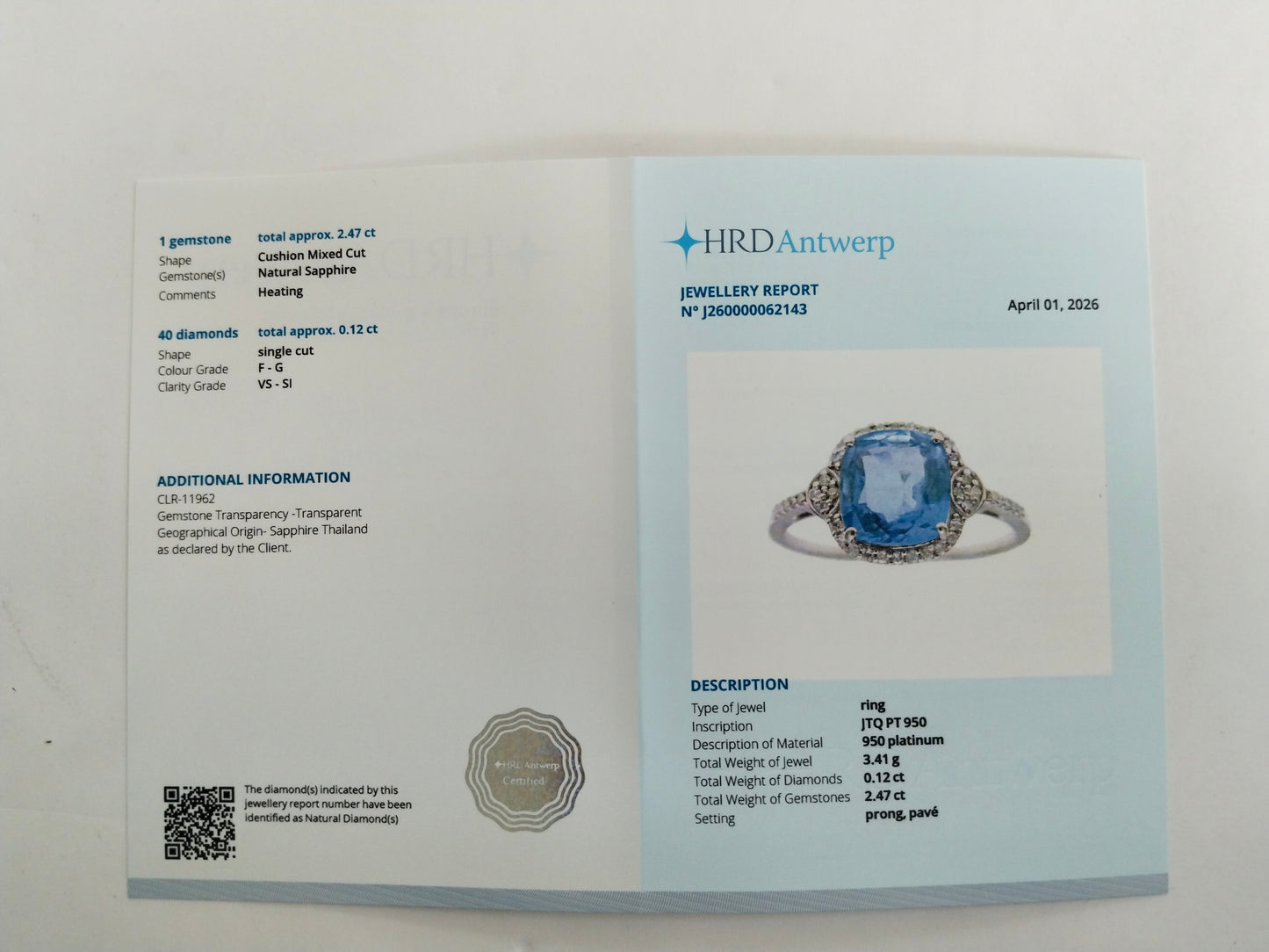 2.59 Ct Cushion Mixed Cut Natural Sapphire 950 Platinum Ring