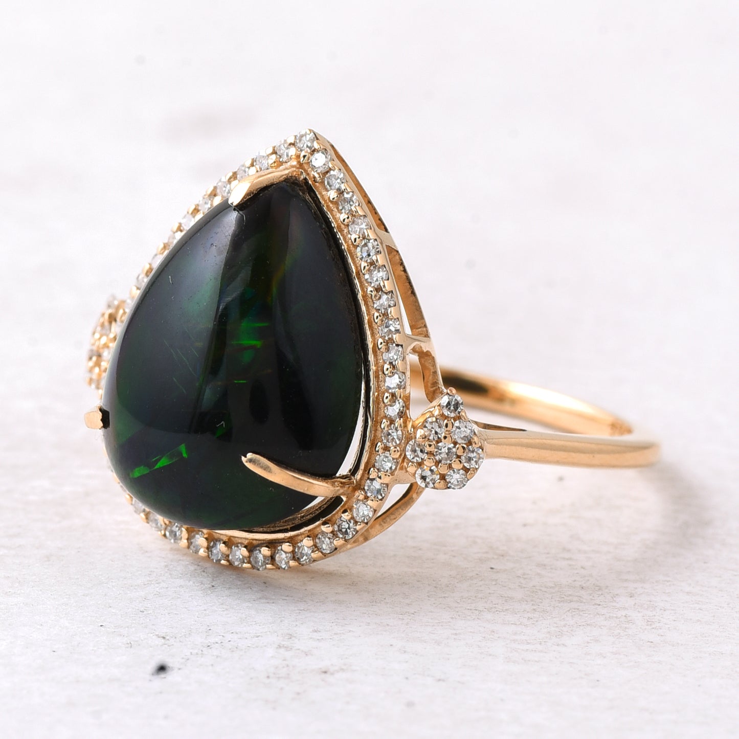 4.12 Ct Pear Cabochon Natural Black Opal 14K Gold Ring