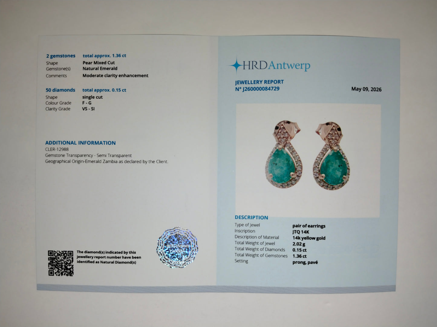 1.71 Ct Pear Mixed Cut Natural Emerald 14K Gold Earrings