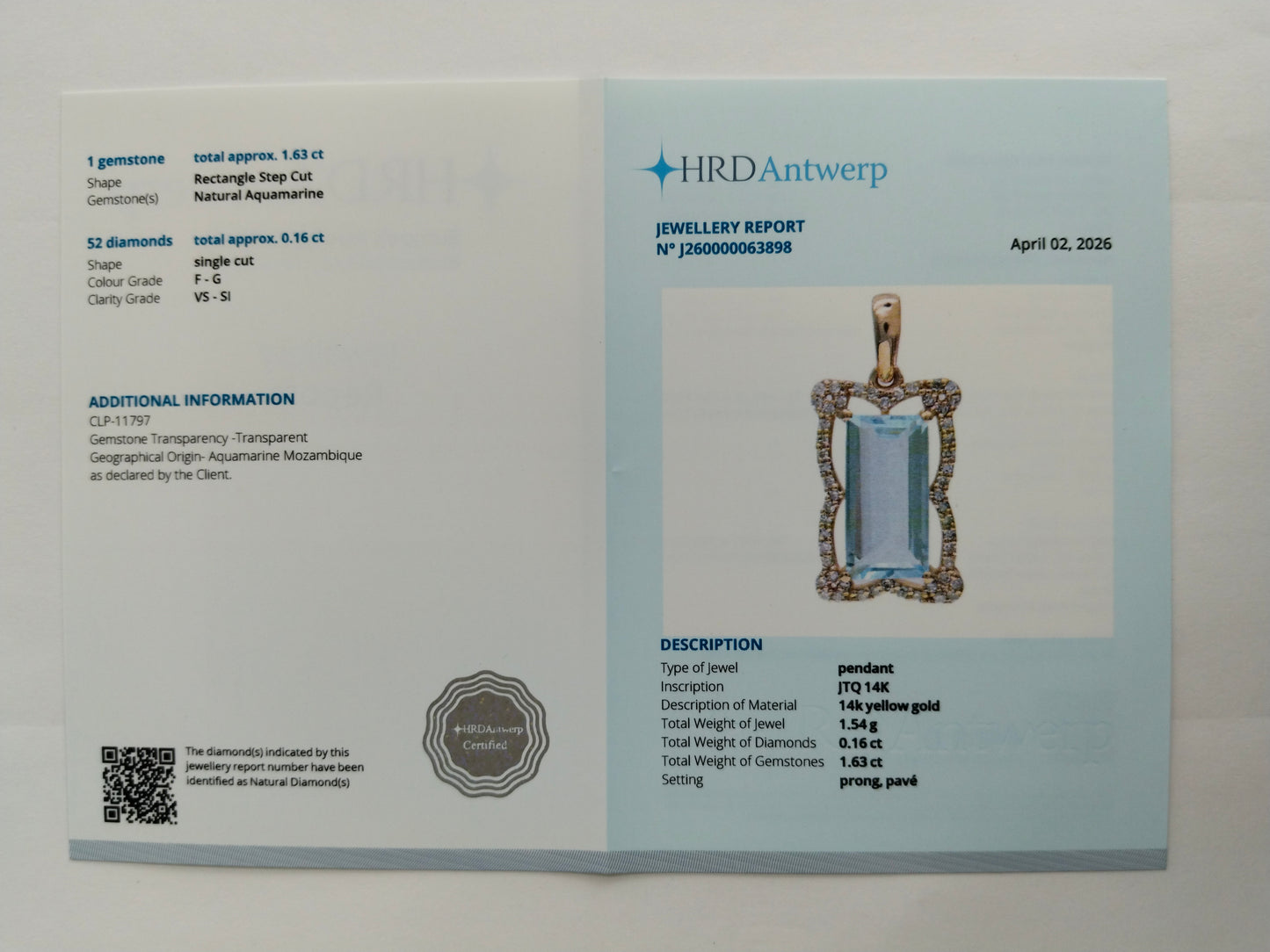 1.79 Ct Rectangle Step Cut Natural Aquamarine 14K Gold Pendant