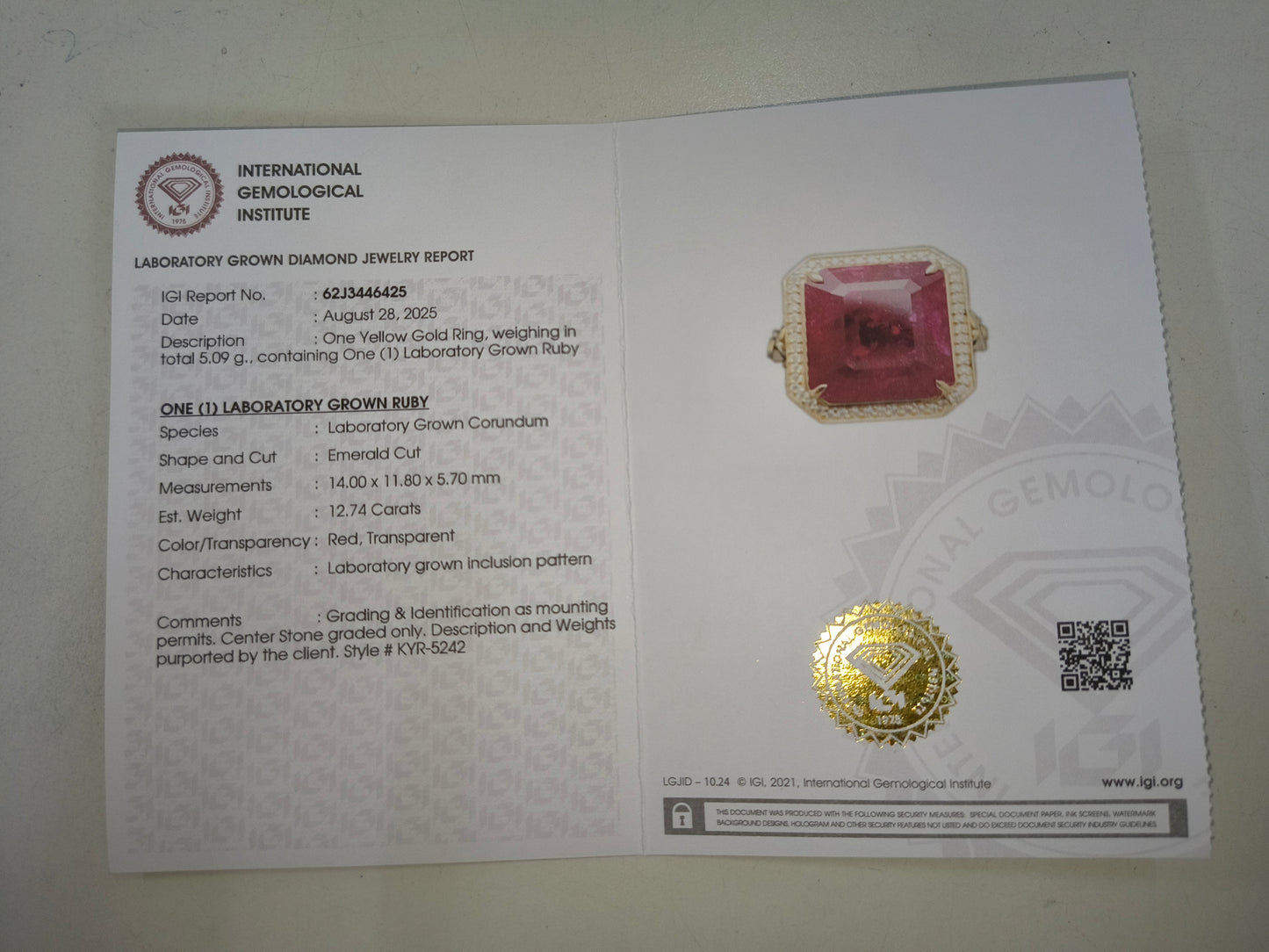 12.93 Ct Emerald Cut Lab Grown Ruby 14K Gold Ring