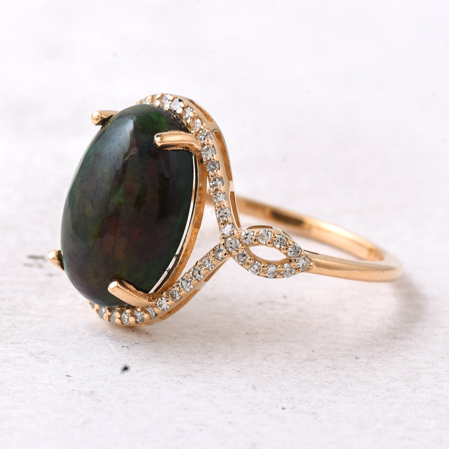 3.32 Ct Oval Cabochon Cut Natural Black Opal 14K Gold Ring