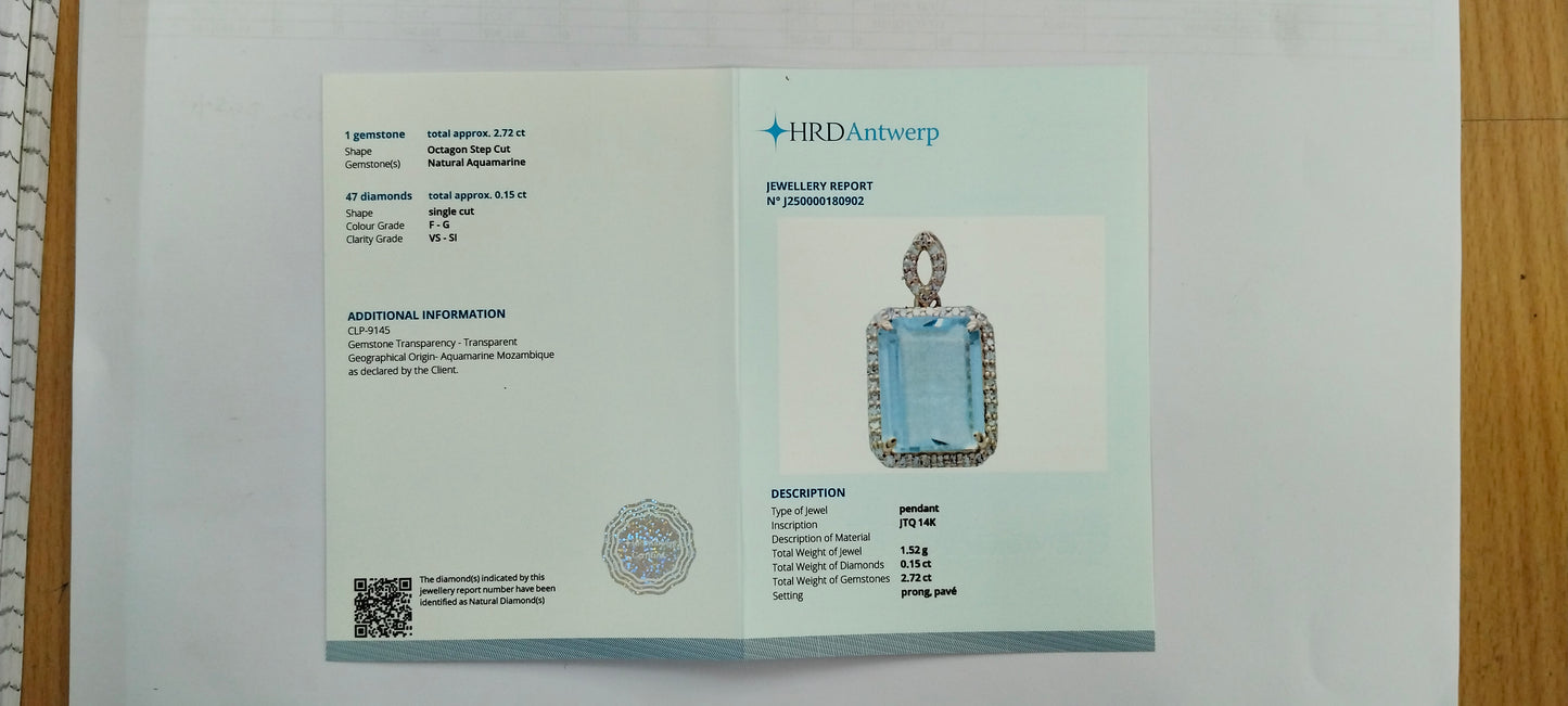 2.87 Ct Octagon Step Cut Natural Aquamarine 14K Gold Pendant