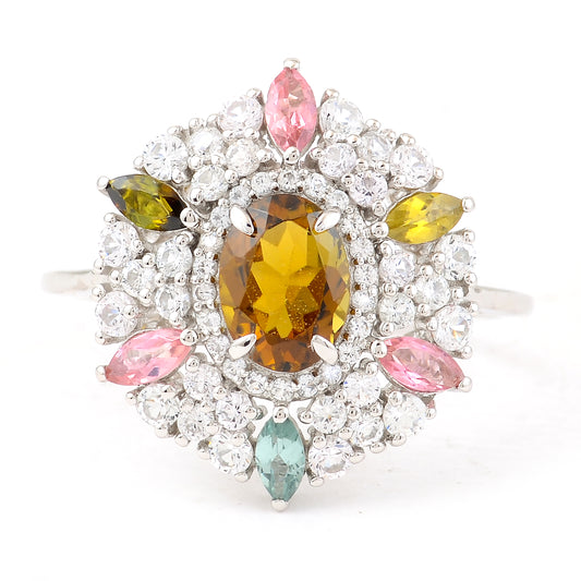 2.14 Ct Oval Mixed Cut, Marquise Mixed Cut Natural Multi-Coloured Tourmaline 950 Platinum Ring