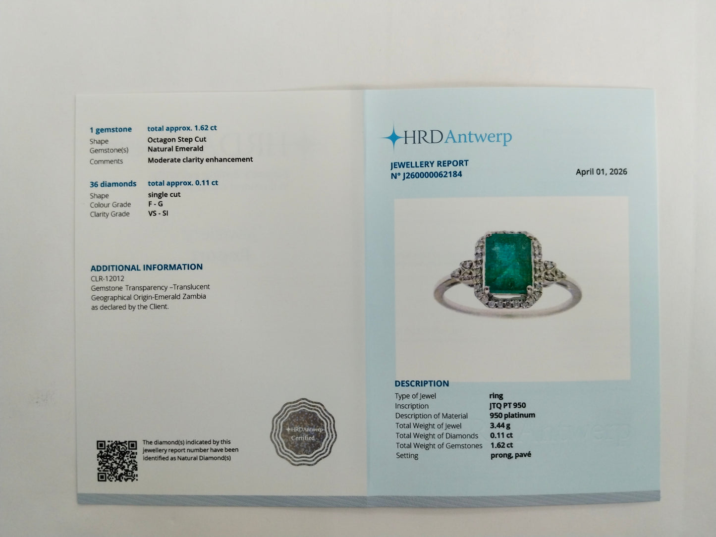 1.73 Ct Octagon Step Cut Natural Emerald 950 Platinum Ring