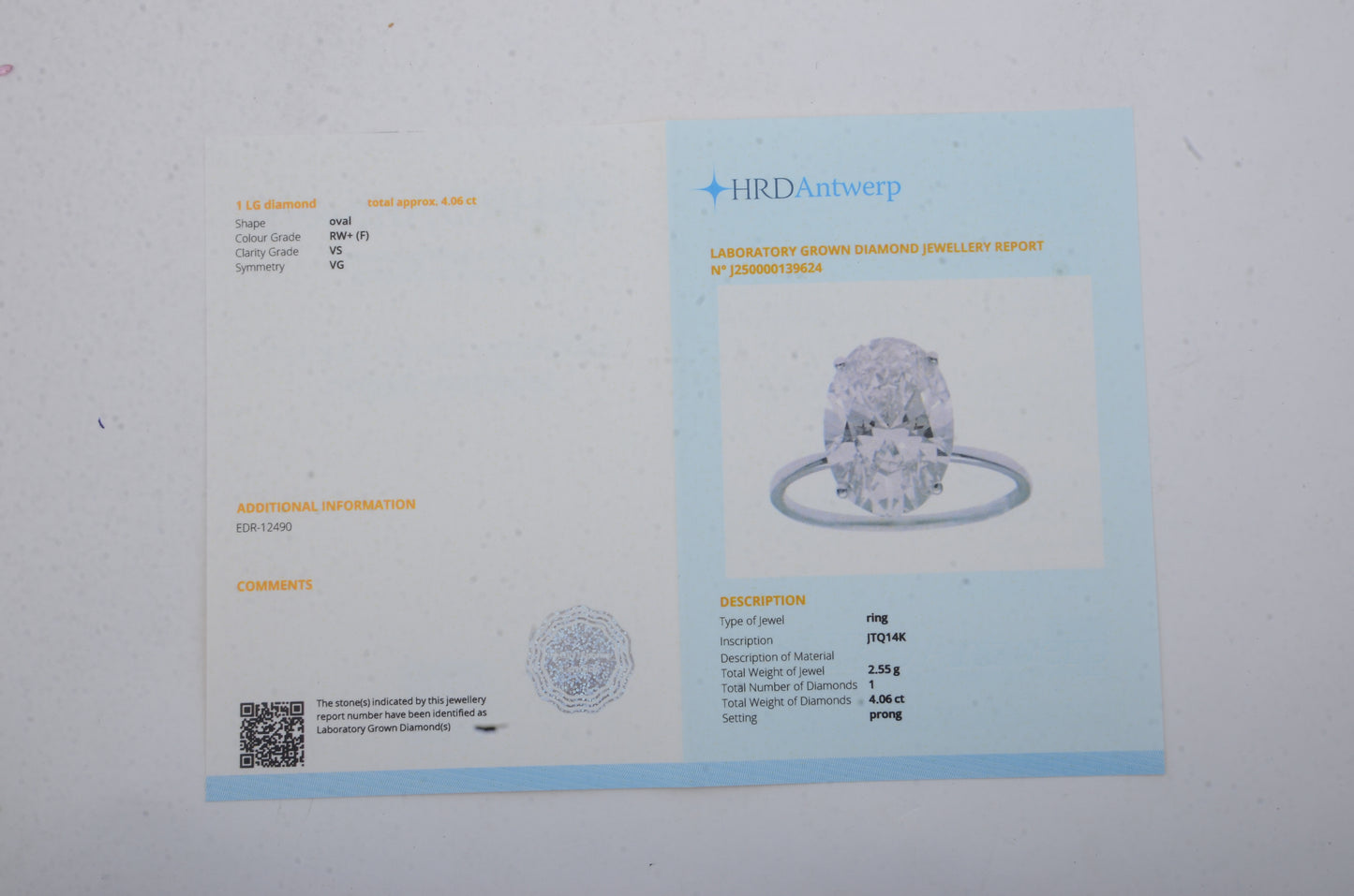 4.06 Carats Lab Grown Diamond 14K Gold Ring