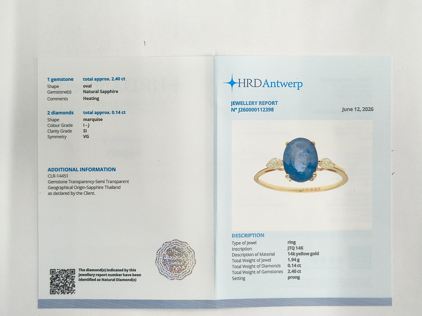 2.54 Ct Oval Natural Sapphire 14K Gold Ring