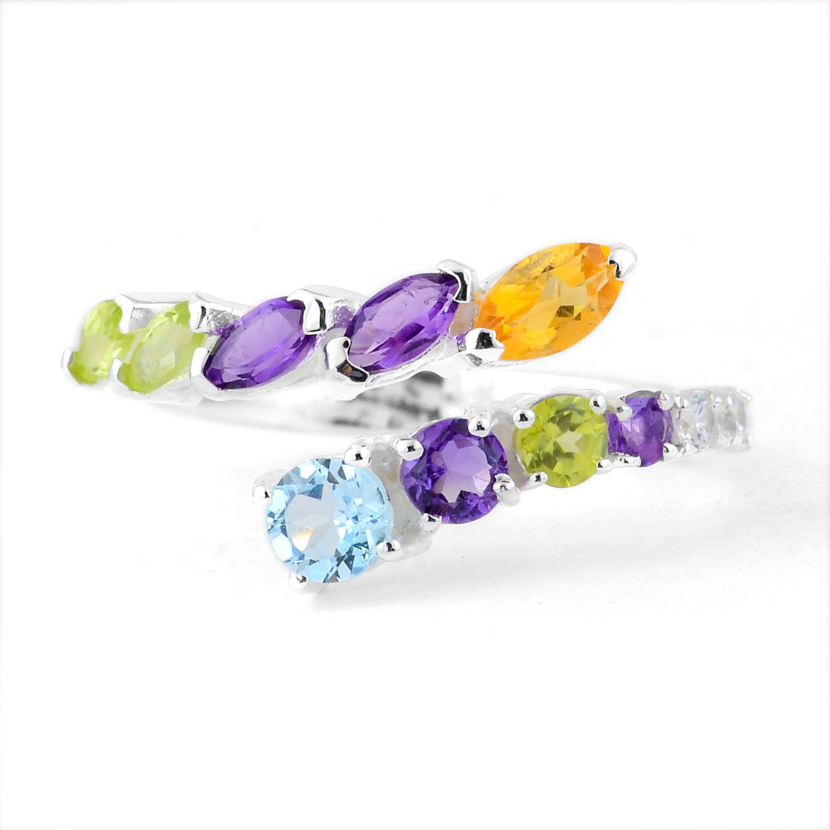 1.51 Ct Round Blue Topaz, Amethyst, Peridot, Cubic Zirconia, Citrine 925 Sterling Silver Ring