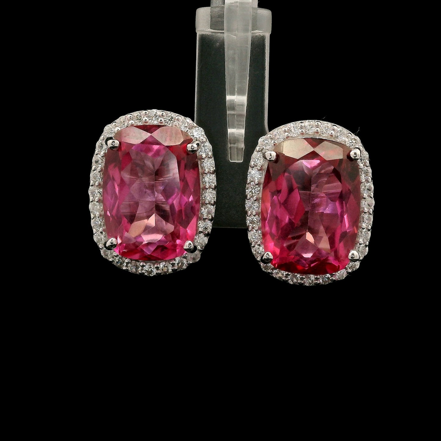 18.88 Ct Cushion Pink Topaz, White Zircon 925 Sterling Silver Earrings