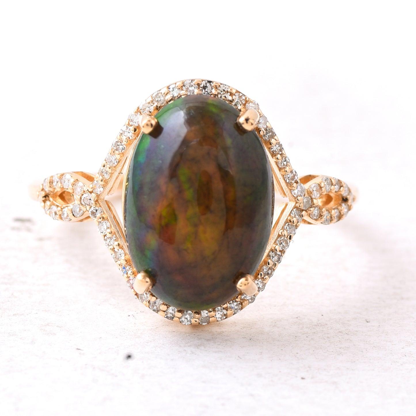 3.32 Ct Oval Cabochon Cut Natural Black Opal 14K Gold Ring