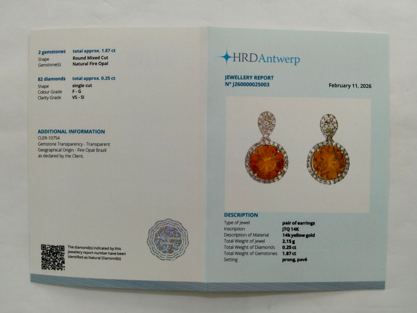 2.12 Ct Round Mixed Cut Natural Fire Opal 14K Gold Earrings