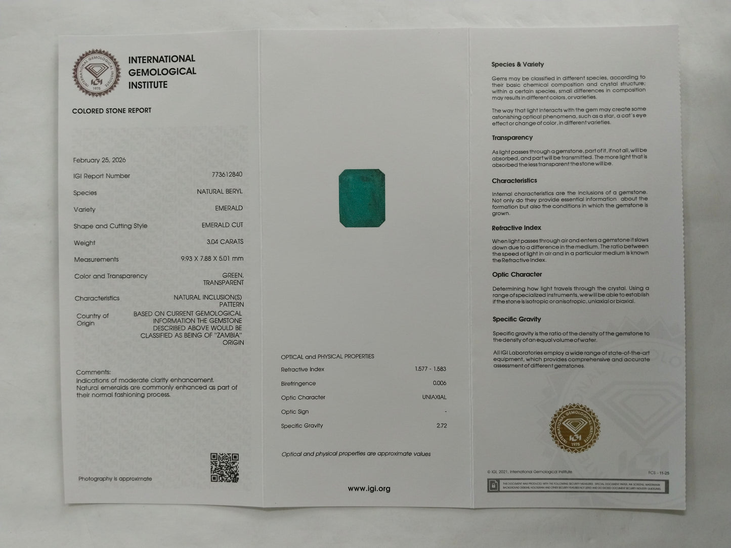 3.04 Natural Beryl Emerald Emerald Cut Gemstone