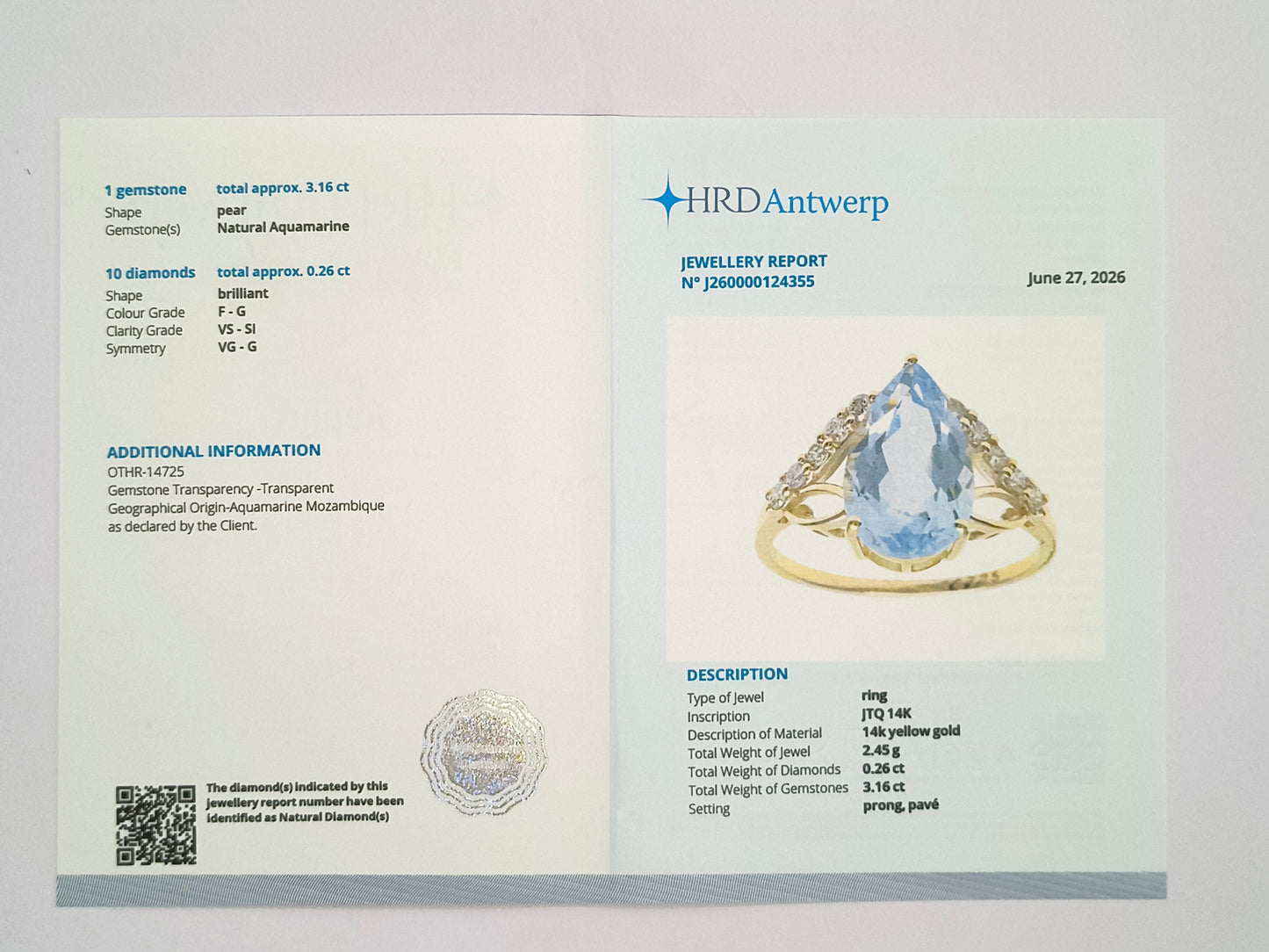 3.42 Ct Pear Natural Aquamarine 14K Gold Ring