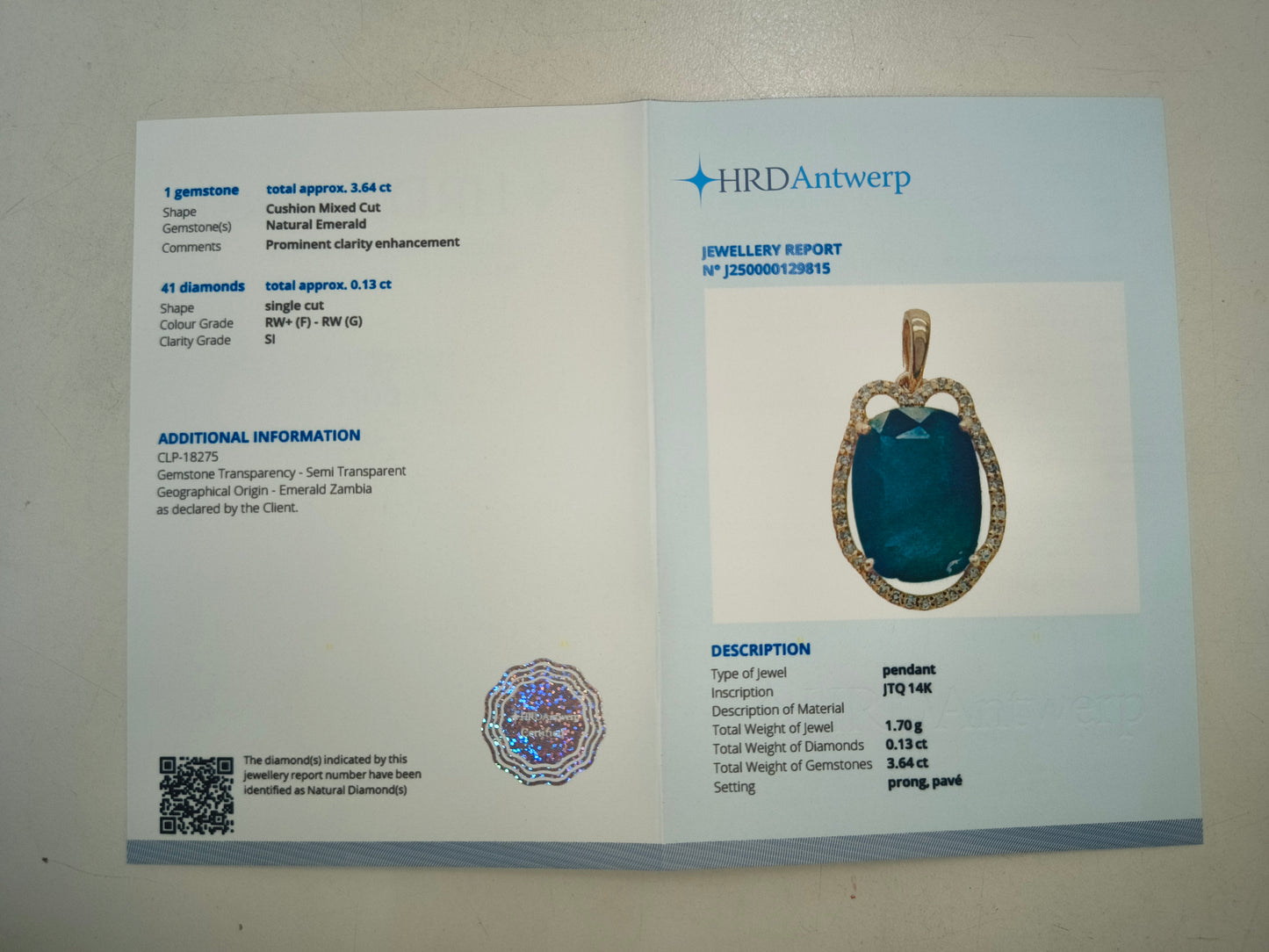 3.77 Ct Cushion Natural Emerald 14K Gold Pendant