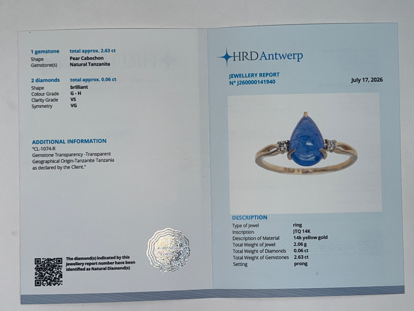 2.69 Ct Pear Cabochon Natural Tanzanite 14K Gold Ring