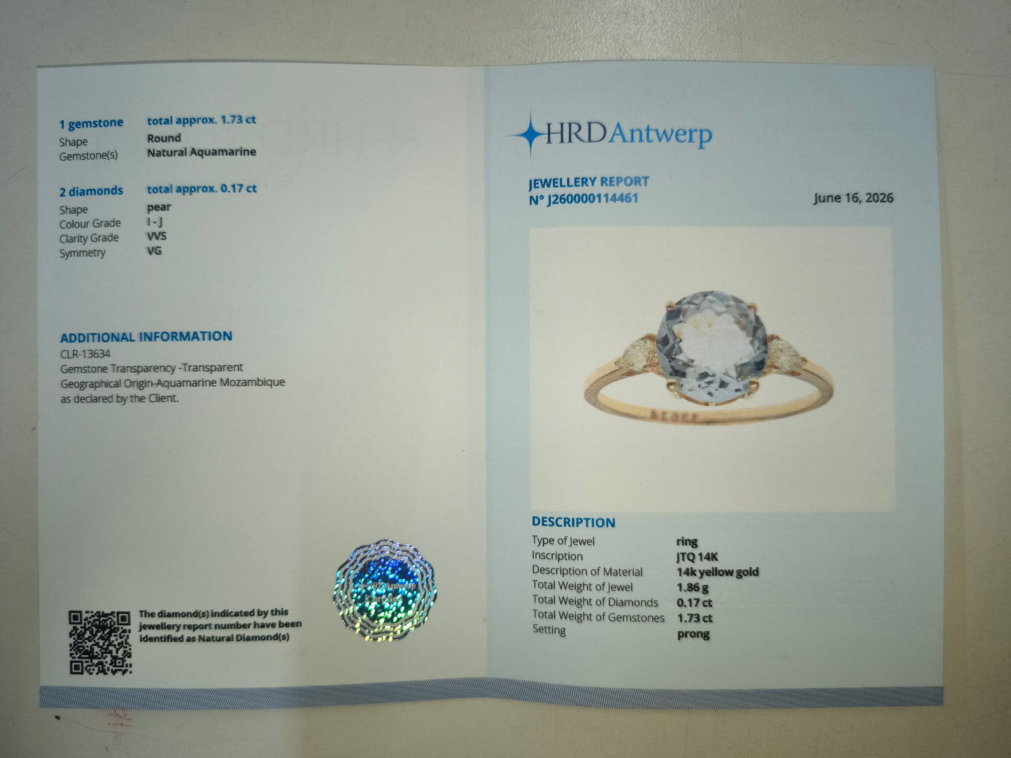 1.90 Ct Round Natural Aquamarine 14K Gold Ring