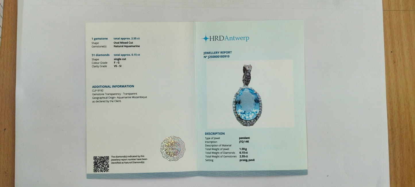 2.70 Ct Oval Mixed Cut Natural Aquamarine 14K Gold Pendant