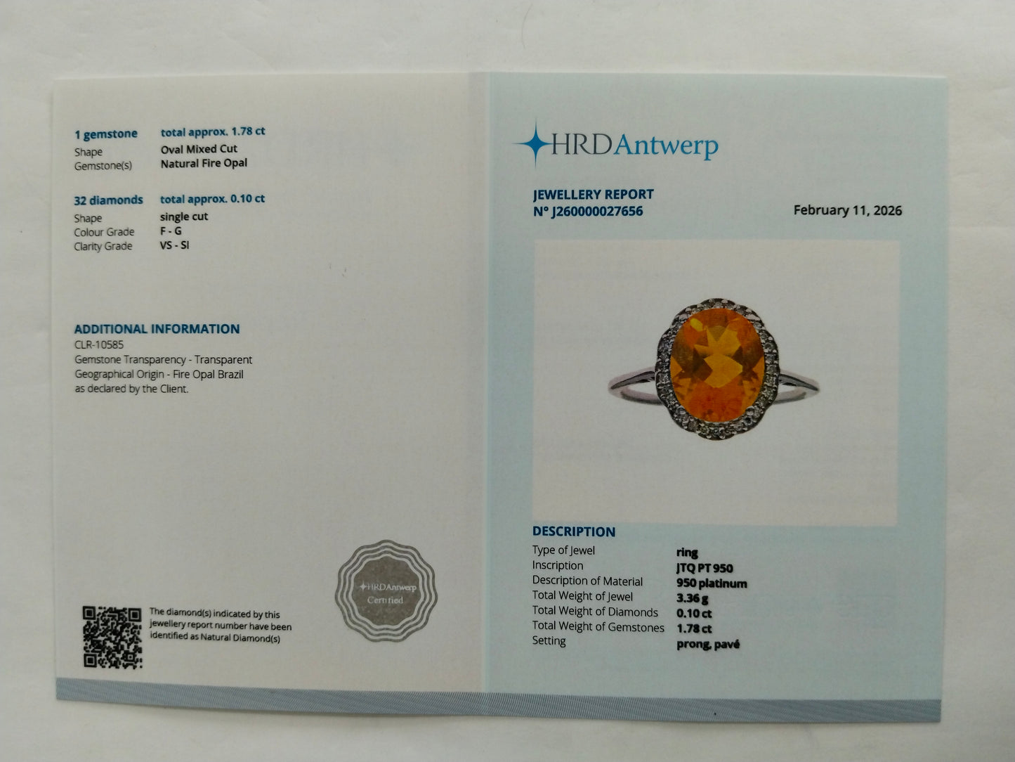 1.88 Ct Oval Mixed Cut Natural Fire Opal 950 Platinum Ring