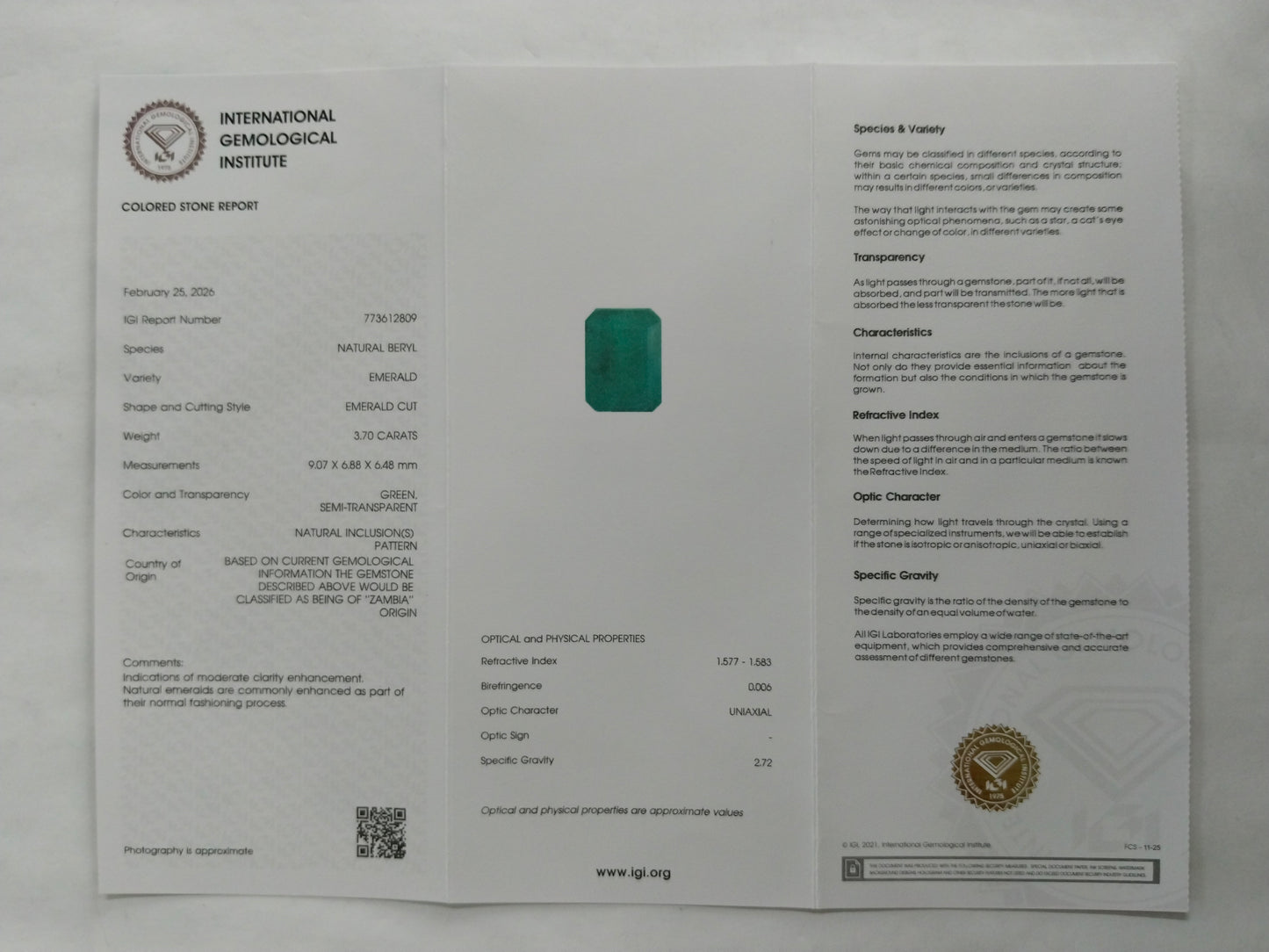 3.7 Natural Beryl Emerald Emerald Cut Gemstone