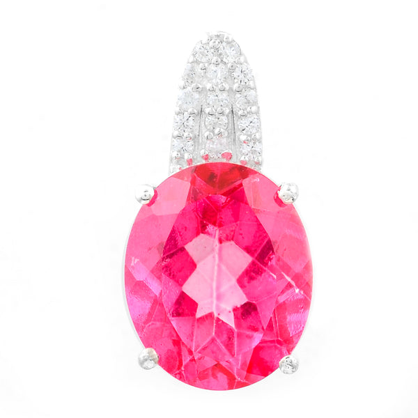 6.09 Ct Oval Pink Topaz, White Zircon, 925 Sterling Silver Pendant