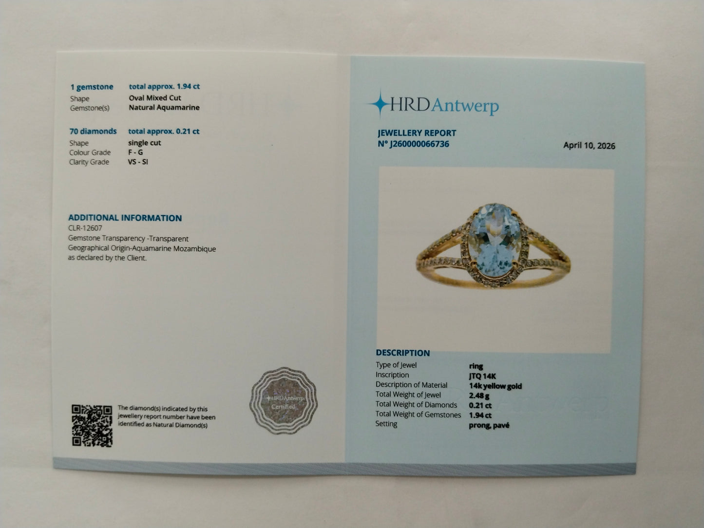 2.15 Ct Oval Mixed Cut Natural Aquamarine 14K Gold Ring