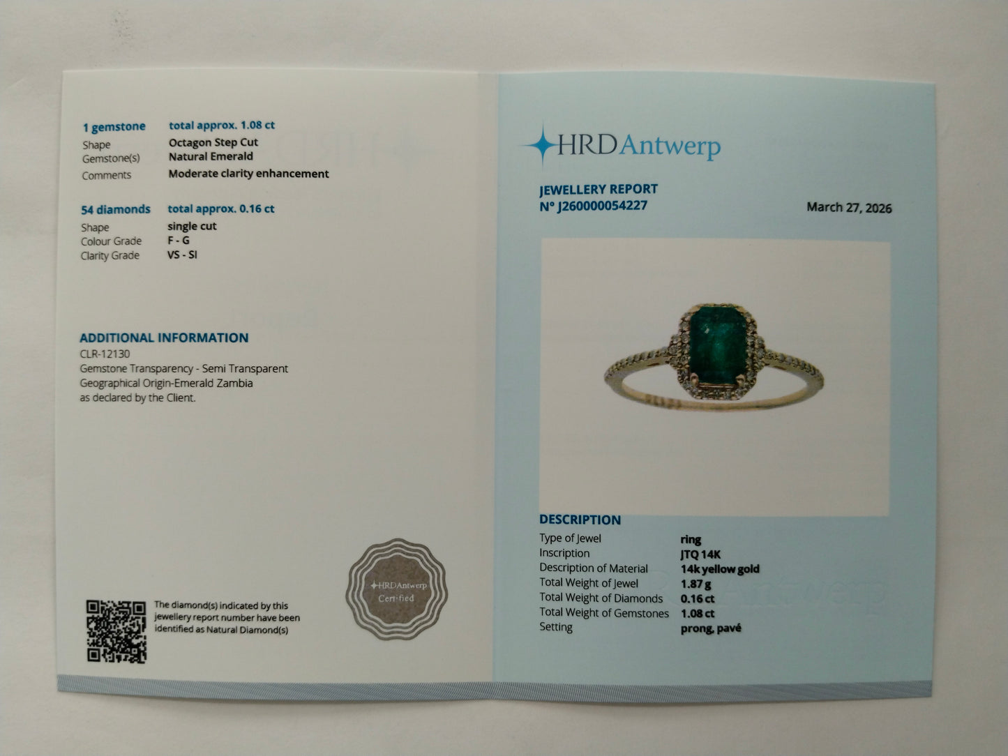 1.24 Ct Octagon Step Cut Natural Emerald 14K Gold Ring