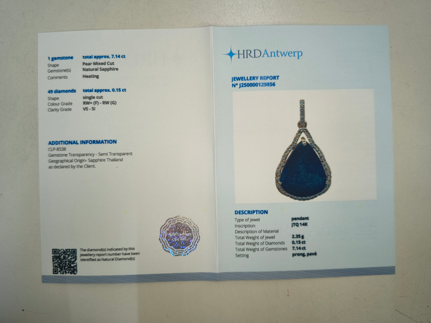 7.29 Ct Pear Natural Sapphire 14K Gold Pendant