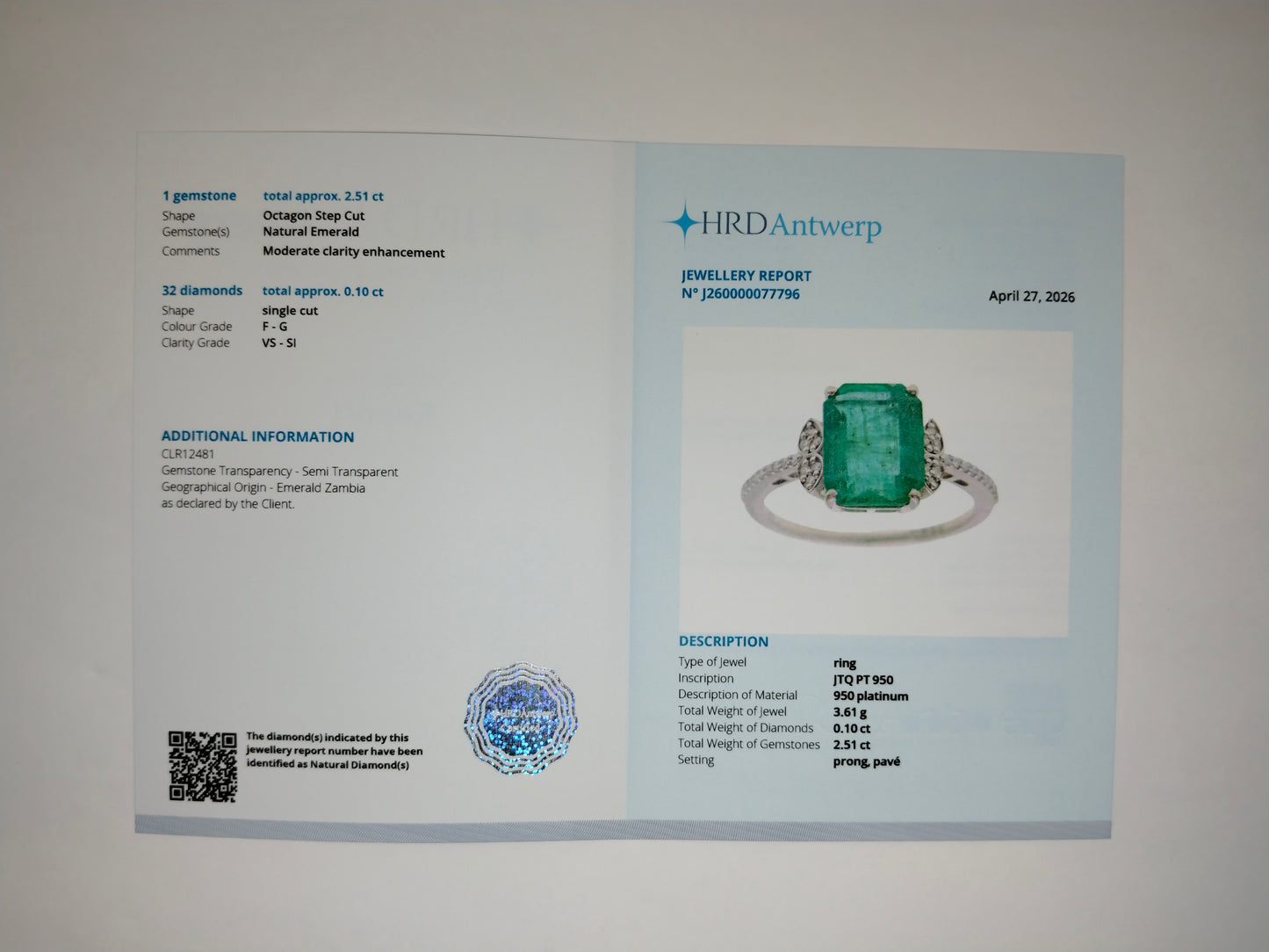 2.61 Ct Octagon Step Cut Natural Emerald 950 Platinum Ring