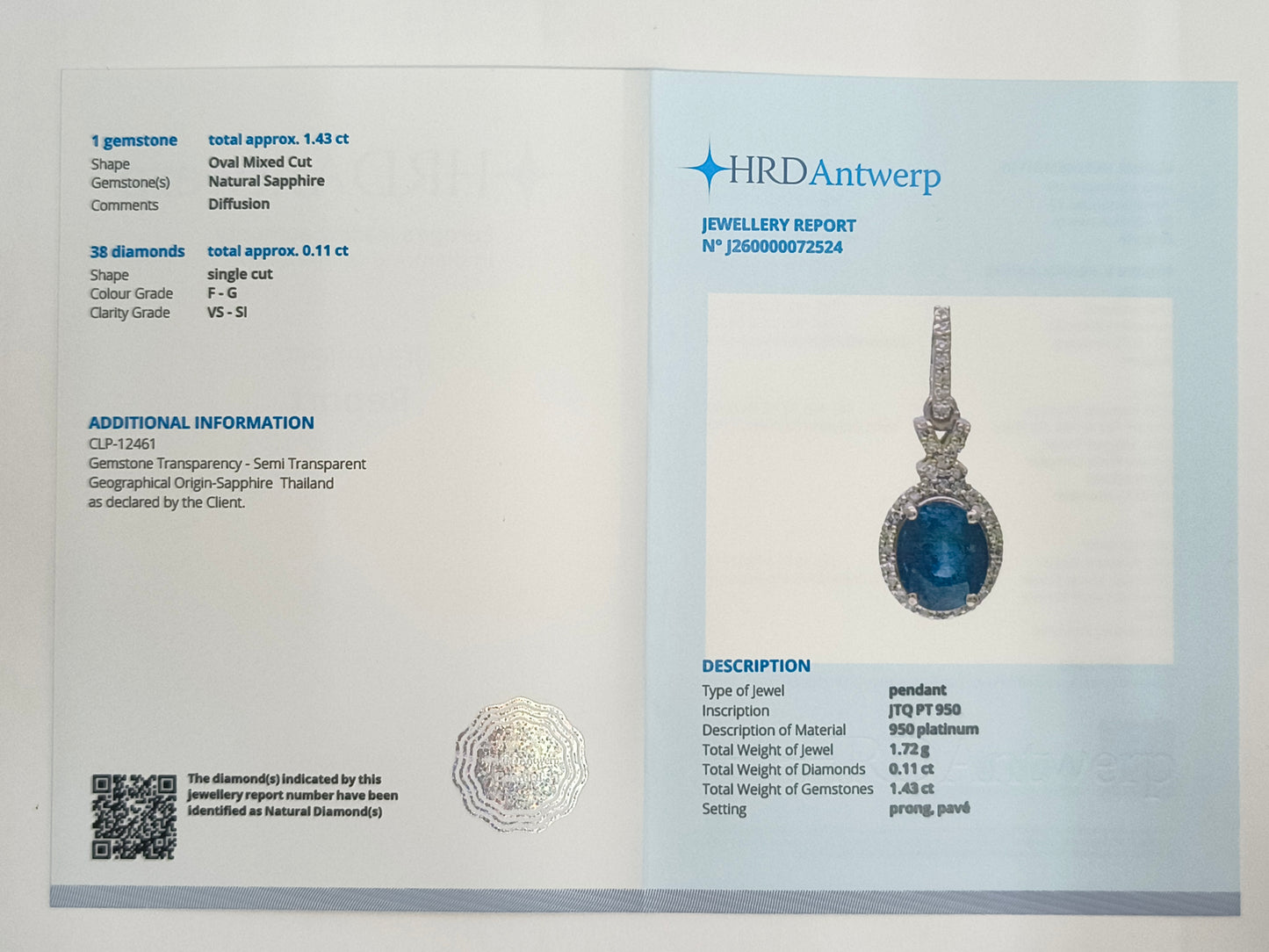 1.54 Ct Oval Mixed Cut Natural Sapphire 950 Platinum Pendant