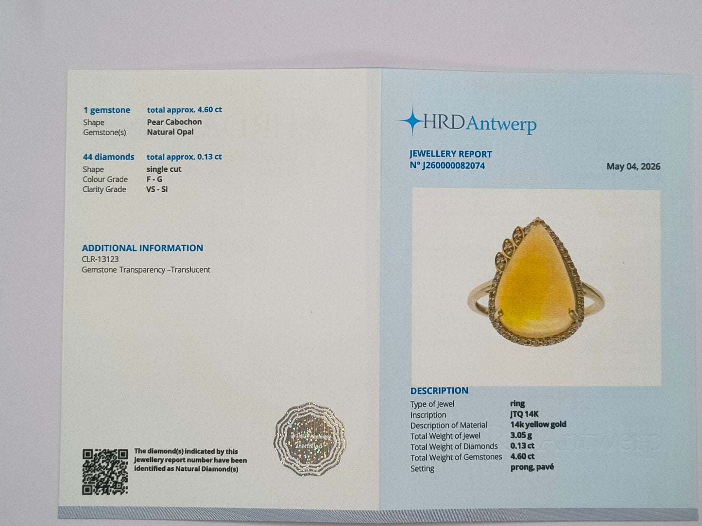 4.73 Ct Pear Cabochon Natural Opal 14K Gold Ring