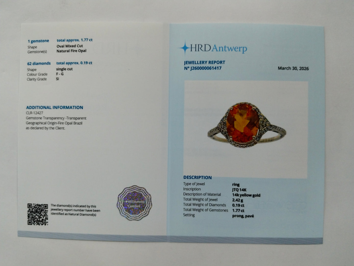 1.96 Ct Oval Mixed Cut Natural Fire Opal 14K Gold Ring