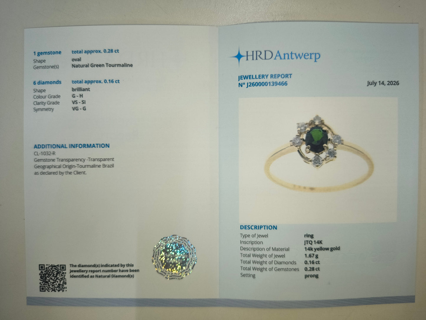 0.44 Ct Oval Natural Green Tourmaline 14K Gold Ring