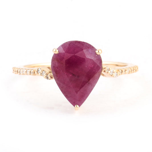 2.99 Ct Pear Mixed Cut Natural Corundum Ruby 14K Gold Ring