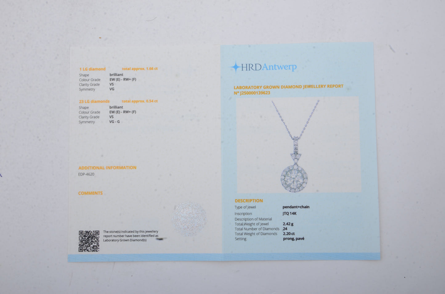 2.20 Carats Lab Grown Diamond 14K Gold Pendant