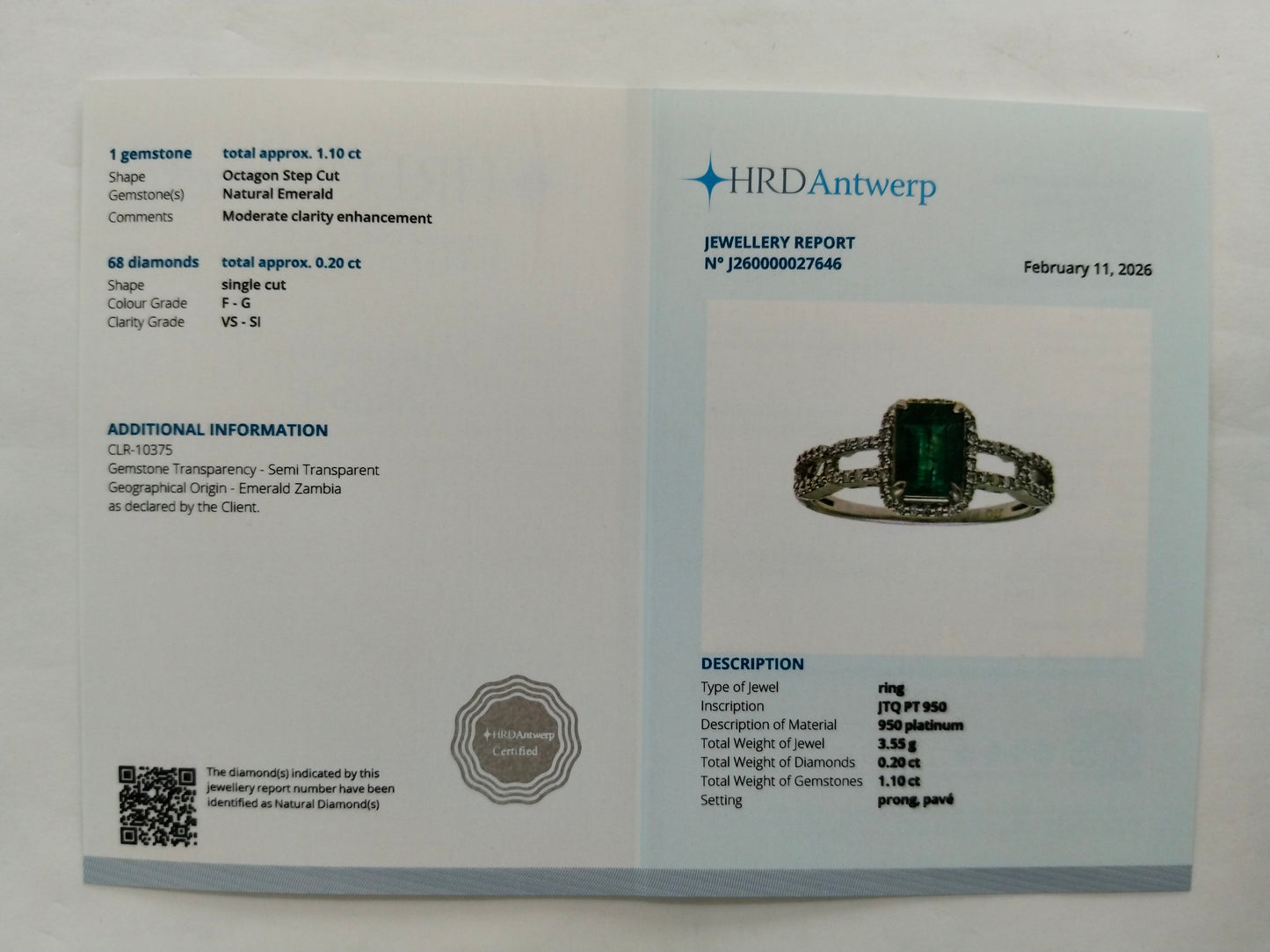 1.30 Ct Octagon Step Cut Natural Emerald 950 Platinum Ring