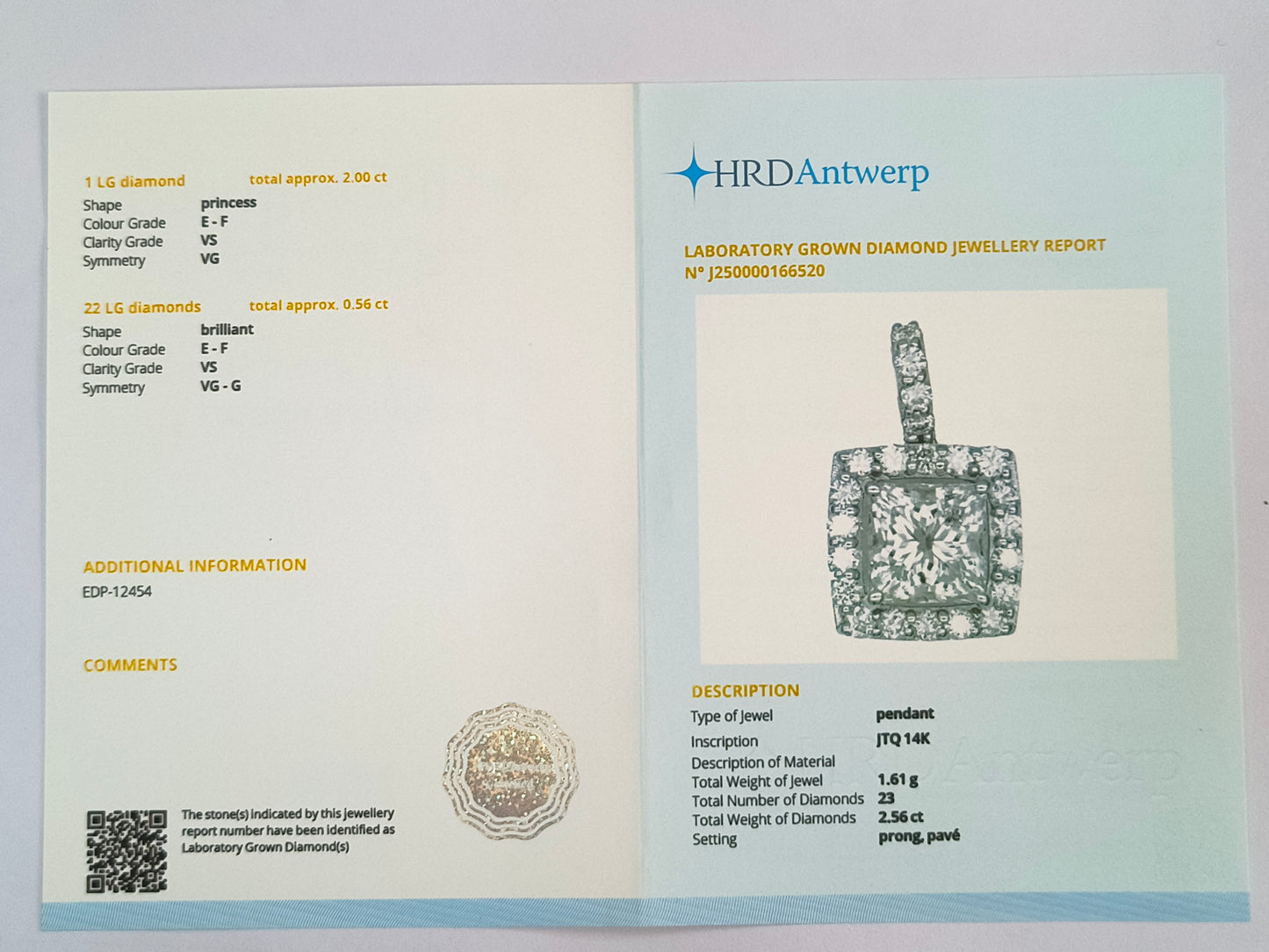 2.56 Carats Lab Grown Diamond 14K Gold Pendant