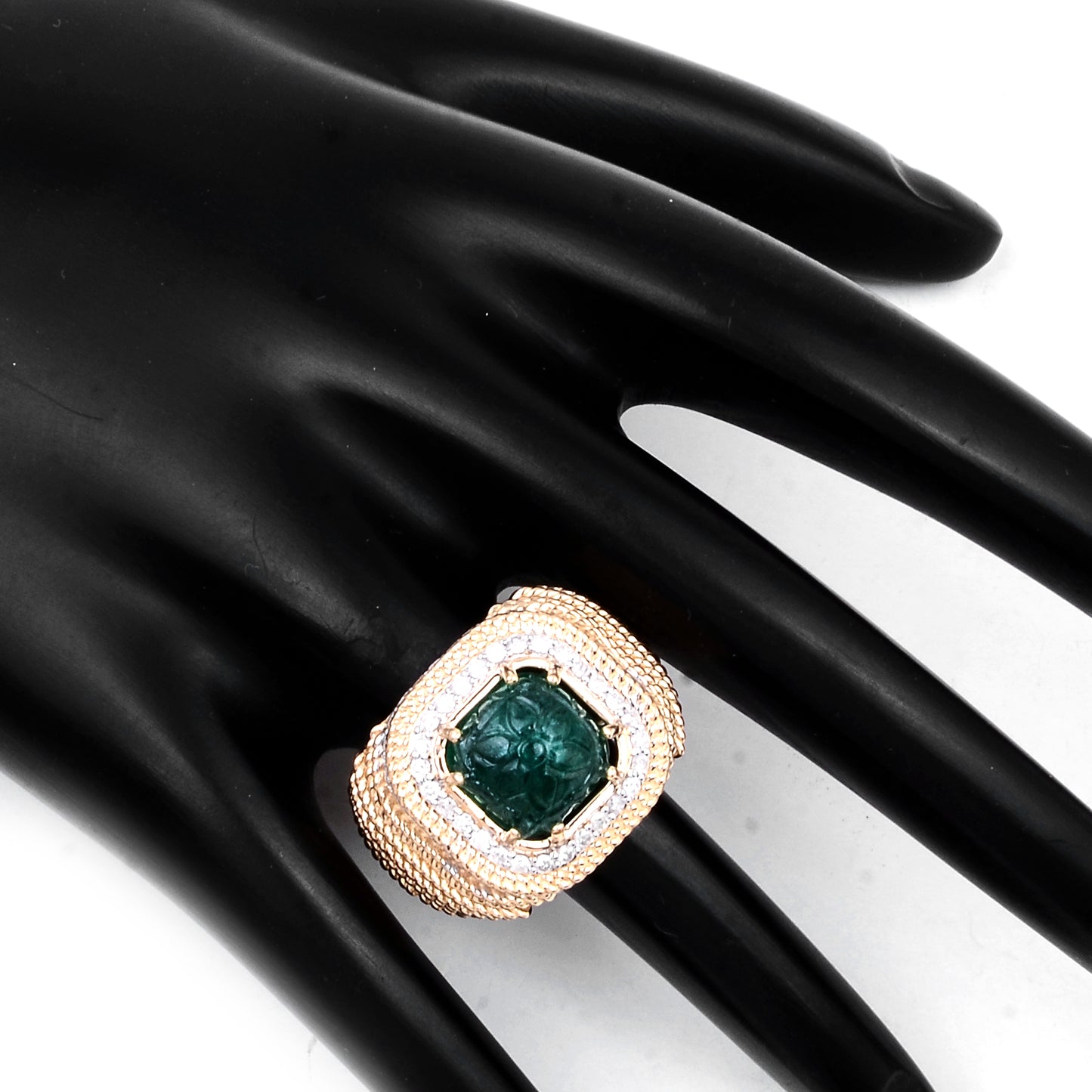6.74 Ct Cushion Carving Natural Beryl Emerald 14K Gold Ring