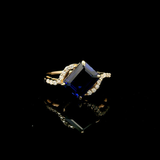 3.13 Ct Emerald Cut Lab Grown Sapphire 14K Gold Ring