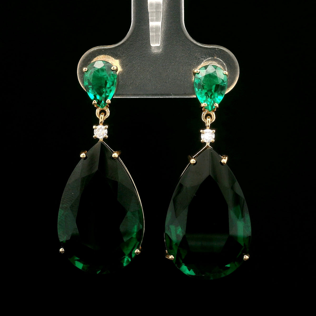 24.36 Ct Pear Mixed Cut Lab Grown Emerald 14K Gold Earrings