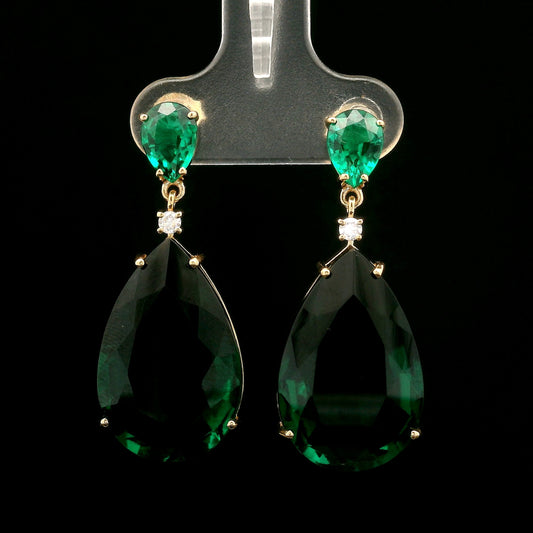 24.36 Ct Pear Mixed Cut Lab Grown Emerald 14K Gold Earrings