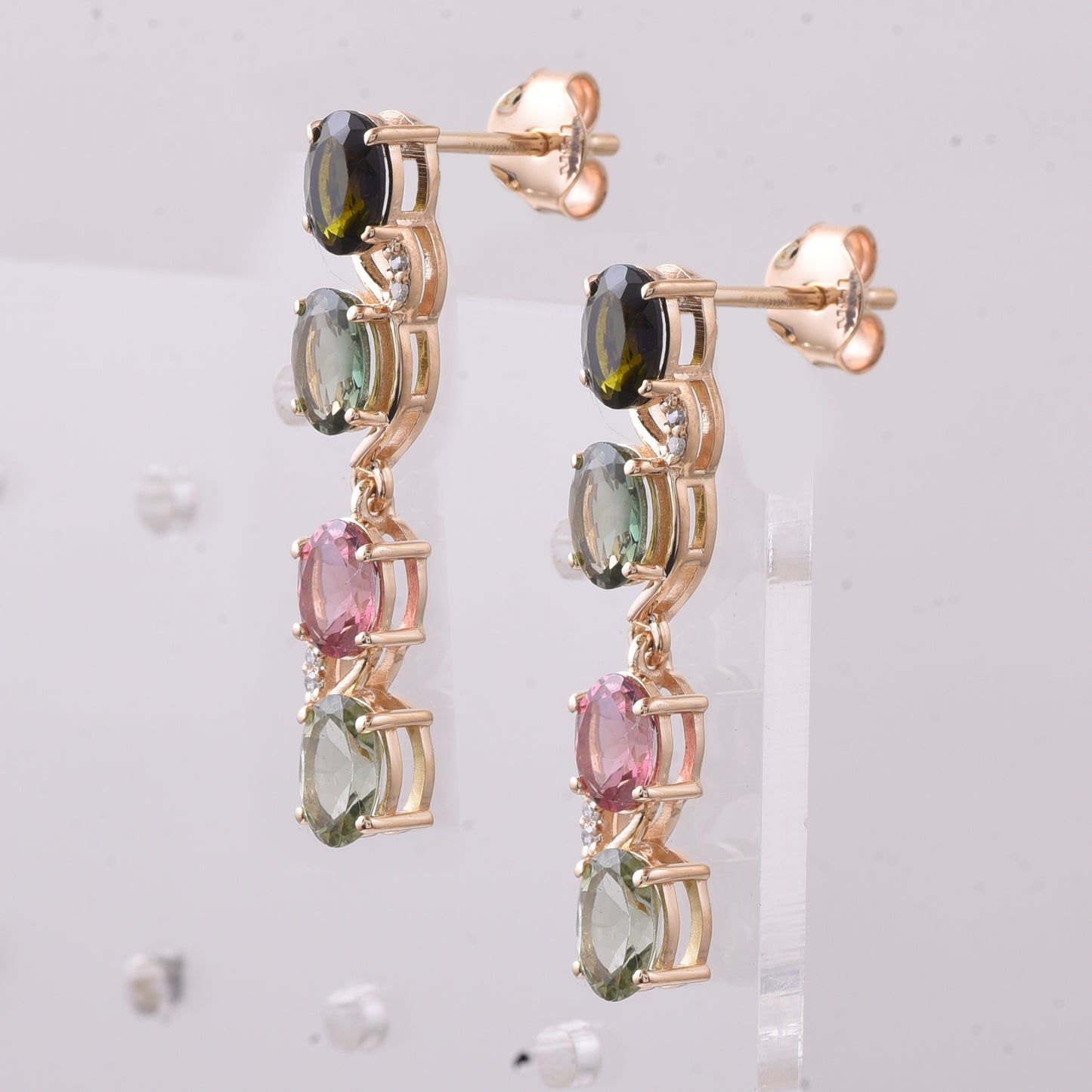 3.20 Ct Oval Mixed Cut Natural Multi-Coloured Tourmaline 14K Gold Earrings